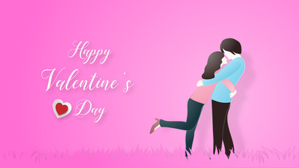 Creative of love valentines day concept. Love couple hug on pink pastel background.