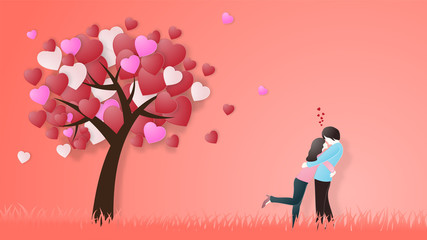 Fototapeta na wymiar Creative of love valentines day concept. Love couple hug under love heart tree background.