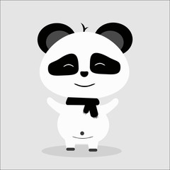 sweet panda on a gray background, panda with a black scarf around his neck, happy bear