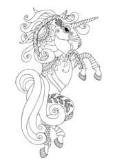 Jumping Unicorn. Hand drawn fantasy horse. Sketch for anti-stress adult coloring book. Vector illustration for coloring page, tattoo, poster. © Keiti