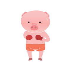 Vector pig cartoon character boxing  isolated on white background. Cartoon emotions