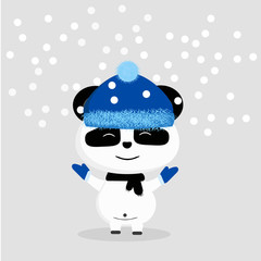 sweet panda on a gray background, panda with a black scarf around his neck, snow, happy bear, winter clothes, cap and gloves