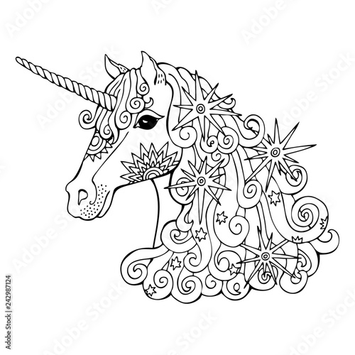 Download Unicorn With Stars Hand Drawn Fantasy Horse Sketch For Anti Stress Adult Coloring Book In Zen Tangle Style Vector Illustration For Coloring Page Wall Mural Keiti
