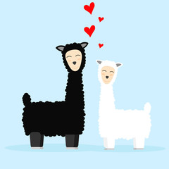two emotional llamas love,  black and white llamas on a blue background, red hearts, nice smile
