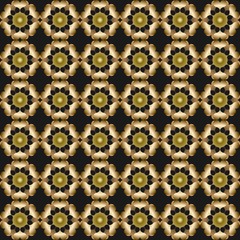 3d gold patterns on black background, seamless tile. Ancient ornament in art deco style, luxurious golden abstract motif, vector design