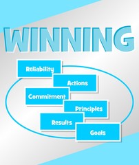 Winning strategy. Business concept in simple blue design. Concepts Reliability Actions, commitment principles, results goals in multicolored speech bubbles., vector businnes presentation