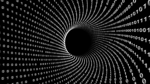 Artistic data tunnel journey with computer binary numbers on dark background.