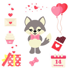 cartoon cute wolf with tie vector and valentines day element