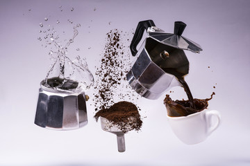 lively sequence of coffee preparation with Italian coffee maker.