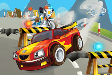 cartoon scene with police motorcycle driving through the city policeman - illustration for children