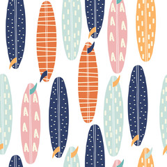 Seamless pattern with surfboards. Fashion summer print. Vector hand drawn illustration.