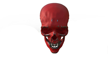 A human skull made in metal covered with peeling paint on a white background. Isolated object. The concept of death, horror. Symbol of creepy halloween. 3d rendering illustration.