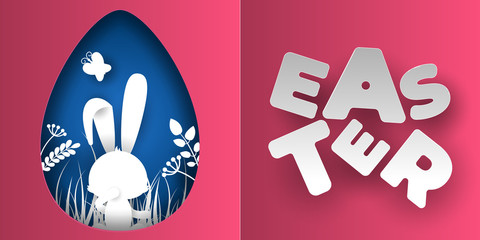 Easter bunny cut out of paper with a shadow on nature. Vector illustration in the shape of an egg. Postcard with lettering and letters.
