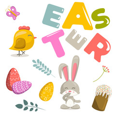 Vector set of elements on Easter theme. Animals and flora, letters on a white background