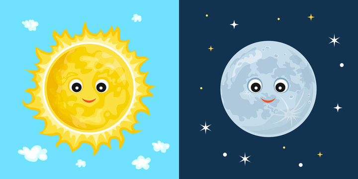 Sun and moon. Cute funny characters. Vector illustration of day and night in simple cartoon flat style.