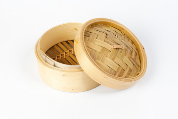 Wooden bamboo dim sum steamer on white background