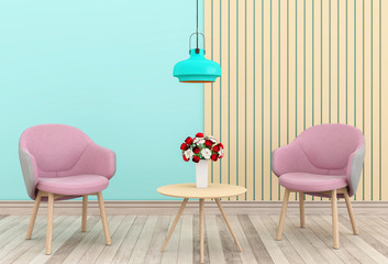 living room and pink chair interior design 3D illustration, valentine room