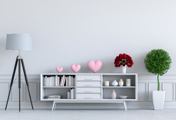 living room and pink heart interior design 3D illustration, valentine room