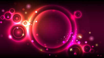 Party background, neon glowing circles, abstract glowing round frame on magenta bokeh background, vector