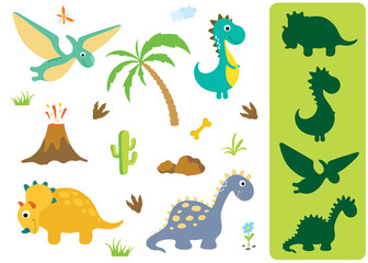 Obraz premium Find the correct shadow: Adorable dinosaurs isolated on white background