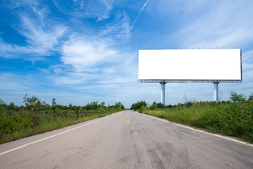 blank billboard on the sideway in the park. image for copy space, advertisement, text and object. white billboard in natural green. - obrazy, fototapety, plakaty