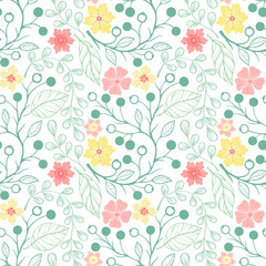 Seamless pattern.Spring pattern with leaves,berries and flowers.Hand drawn stylized elements. Decorative background for greeting cards, prints, flyer, banners and more.Vector illustration.