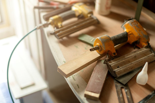 carpenter wooden desk with wooden tool flat lay view from top home improvement ideas concept