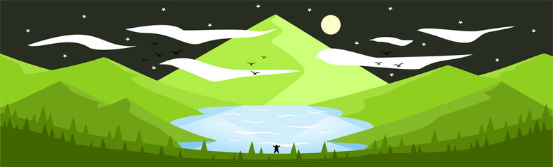 Landscape Illustration (Mountain & Lake) - Spring Night Time