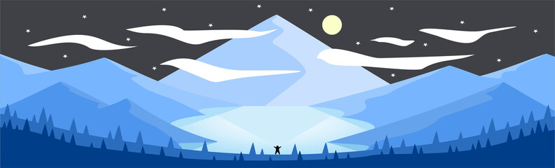 Fototapeta premium Landscape Illustration (Mountain & Lake) - Winter Night Time