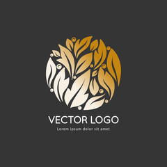 Gold leaf emblem. Elegant, classic elements. Can be used for jewelry, beauty and fashion industry. Great for logo, monogram, invitation, flyer, menu, brochure, background, or any desired idea.