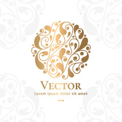 Abstract vector emblem. Elegant, classic elements. Can be used for jewelry, beauty and fashion industry. Great for logo, monogram, invitation, flyer, menu, brochure, background, or any desired idea.