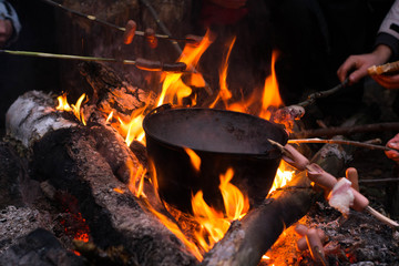 Roast sausages over a fire in nature.