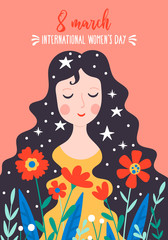 Women's day cute greeting card with young woman and flowers.