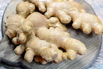 Fresh raw ginger root from China close up