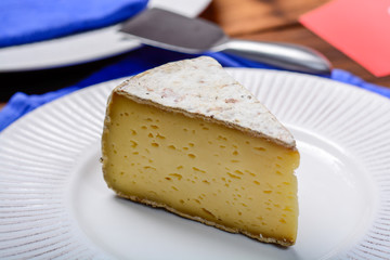 Piece of French Tomme cheese, produced in French Alps and in Switzerland close up