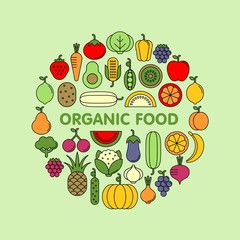 Vegetables, fruits and berries flat vector icons set