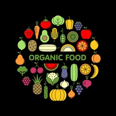 Vegetables, fruits and berries flat vector icons set