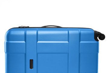 Fragment of blue plastic valise on wheels isolated on white background