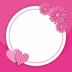 Pink card design with flower and heart decoration. Pink frame design