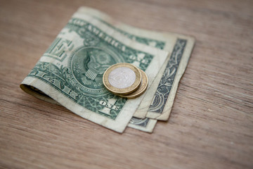 Euro coins on US paper US dollars