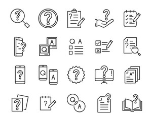 set of question icons, such as, question mark, talk, answer, test, learning