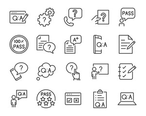 set of question icons, such as, question mark, talk, answer, test, learning