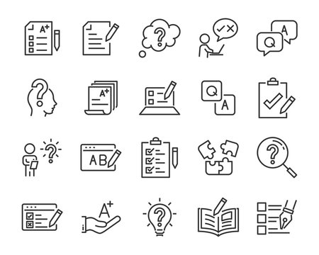 set of question icons, such as, question mark, talk, answer, test, learning
