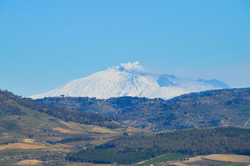 Fototapeta premium Stunning View from Mazzarino of the Mount Etna during the Eruption, Caltanissetta, Sicily, Italy, Europe