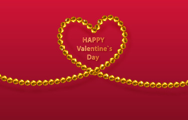 Gold heart-shaped beads on a bright red background. Decorative love concept for valentines day or wedding. Sale of banners. Place for your text. Vector