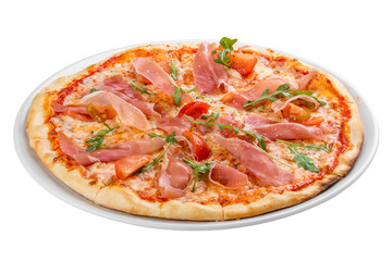 Pizza with prosciutto and arugula. On white background