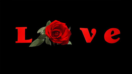 Fototapeta premium The Word LOVE Spelled With Isolated Red letters and Rose on Black Background Perfect for Valentines Day
