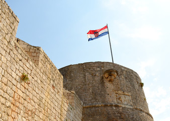 Croatian flag on Spanish Fortress in Hvar town on island of Hvar, Croatia