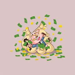 kitten in business suit lies on bags money