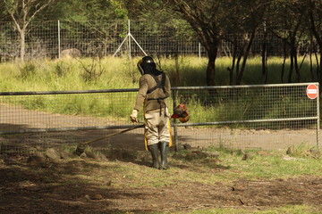 Man in uniform mows the grass behind the fence.